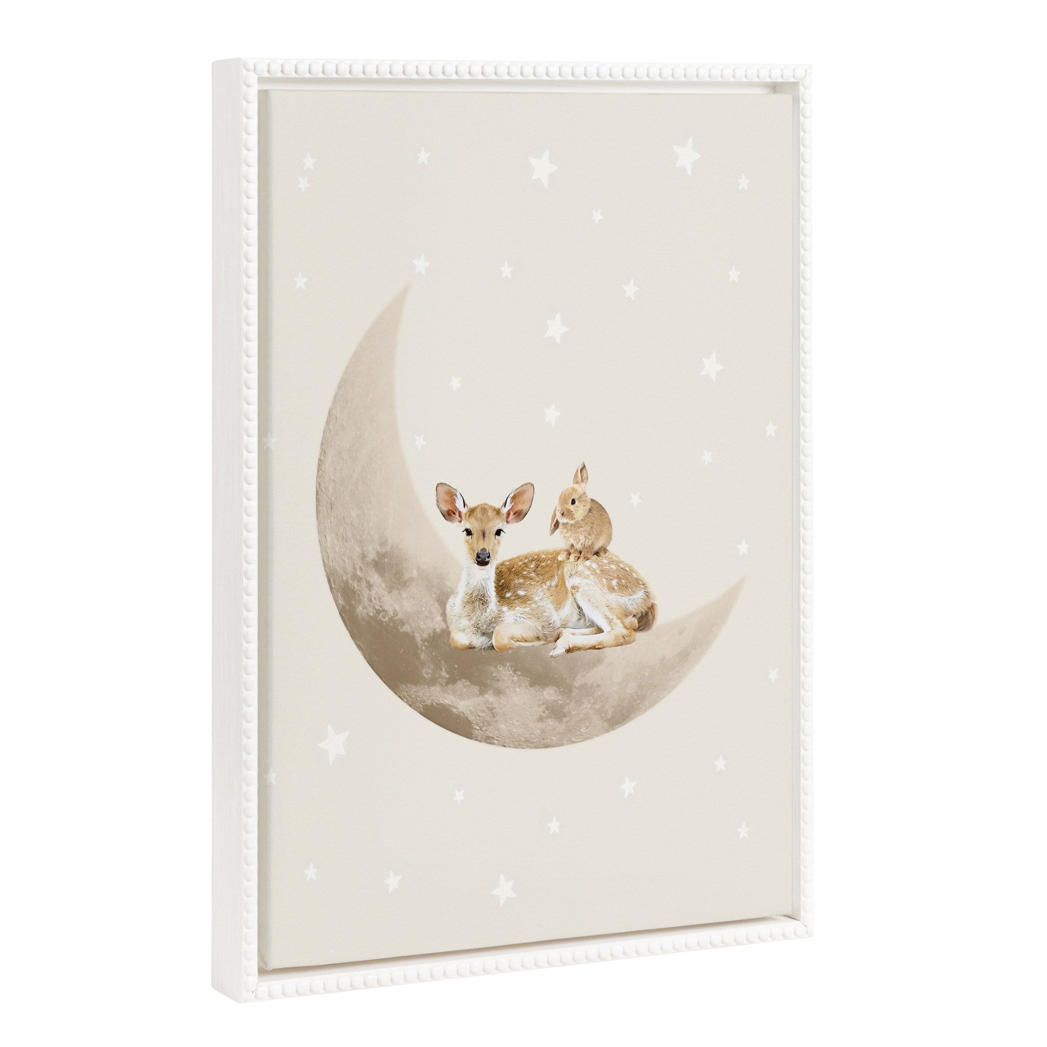 Sylvie Beaded On the Moon framed canvas art showing softly rendered animals under a crescent moon in a vintage beaded white frame
