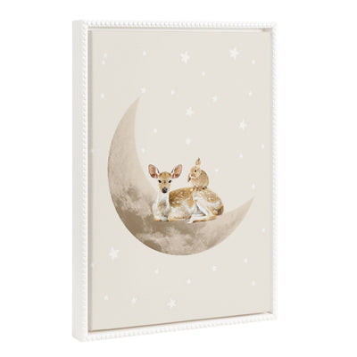 Sylvie Beaded On the Moon framed canvas art showing softly rendered animals under a crescent moon in a vintage beaded white frame
