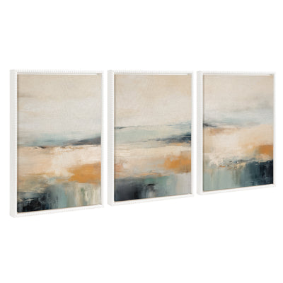 Three-piece framed canvas art set showing abstract blue coastal ocean wave patterns
