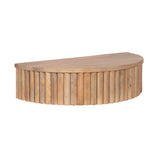 Half-circle wooden side table with vertical rounded ribbed slats forming the base and a smooth, flat top surface in natural wood tones.