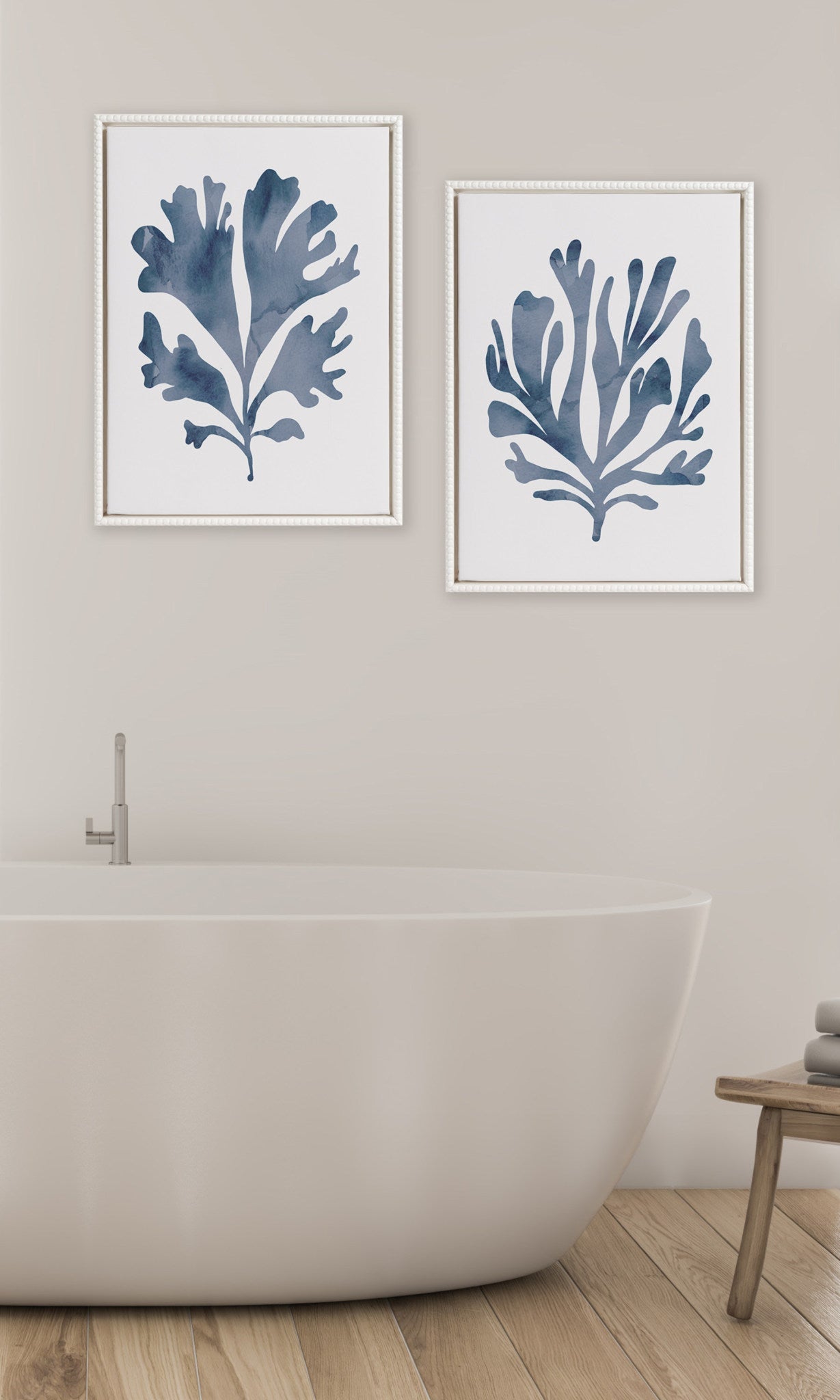 Sylvie Sophisticated Neutral Coral Blue 1 and 2 Framed Canvas Art Set by The Creative Bunch Studio