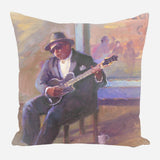 Painting of a seated man in a dark suit and hat playing an electric guitar, with soft, warm tones and blurred figures in the background seen through a window.