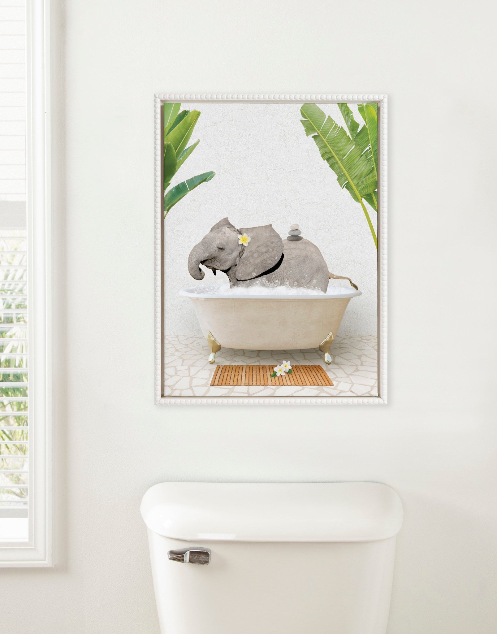 Sylvie Beaded Baby Elephant Bali Bath Framed Canvas by Amy Peterson