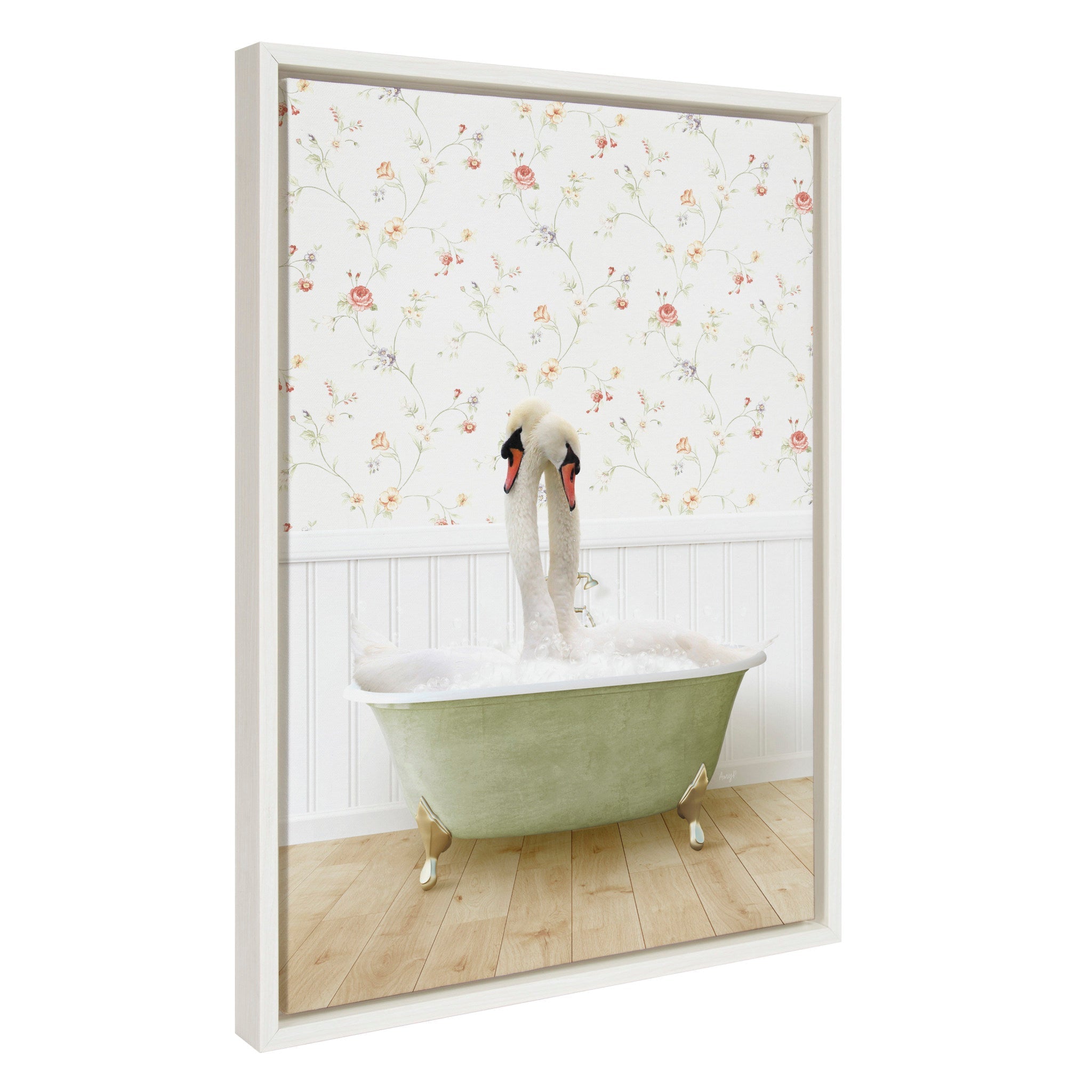 Sylvie Swans Hugging in Country Cottage Bath framed canvas art showing two swans embracing in a country bath setting