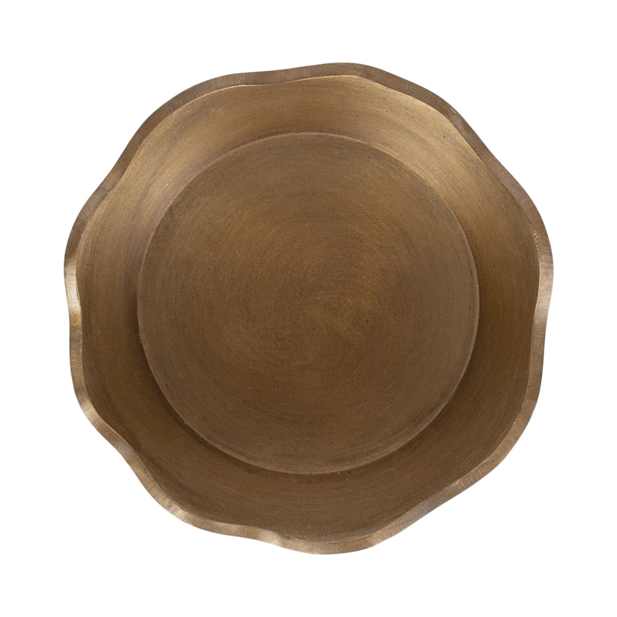 Top view of a round metal bowl with an irregular, wavy rim and a brushed bronze finish.