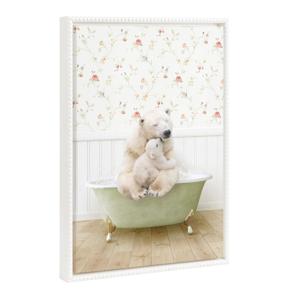 Framed canvas print showing Sylvie Beaded Mother and Baby Polar Bear in Country Cottage Bath by Amy Peterson
