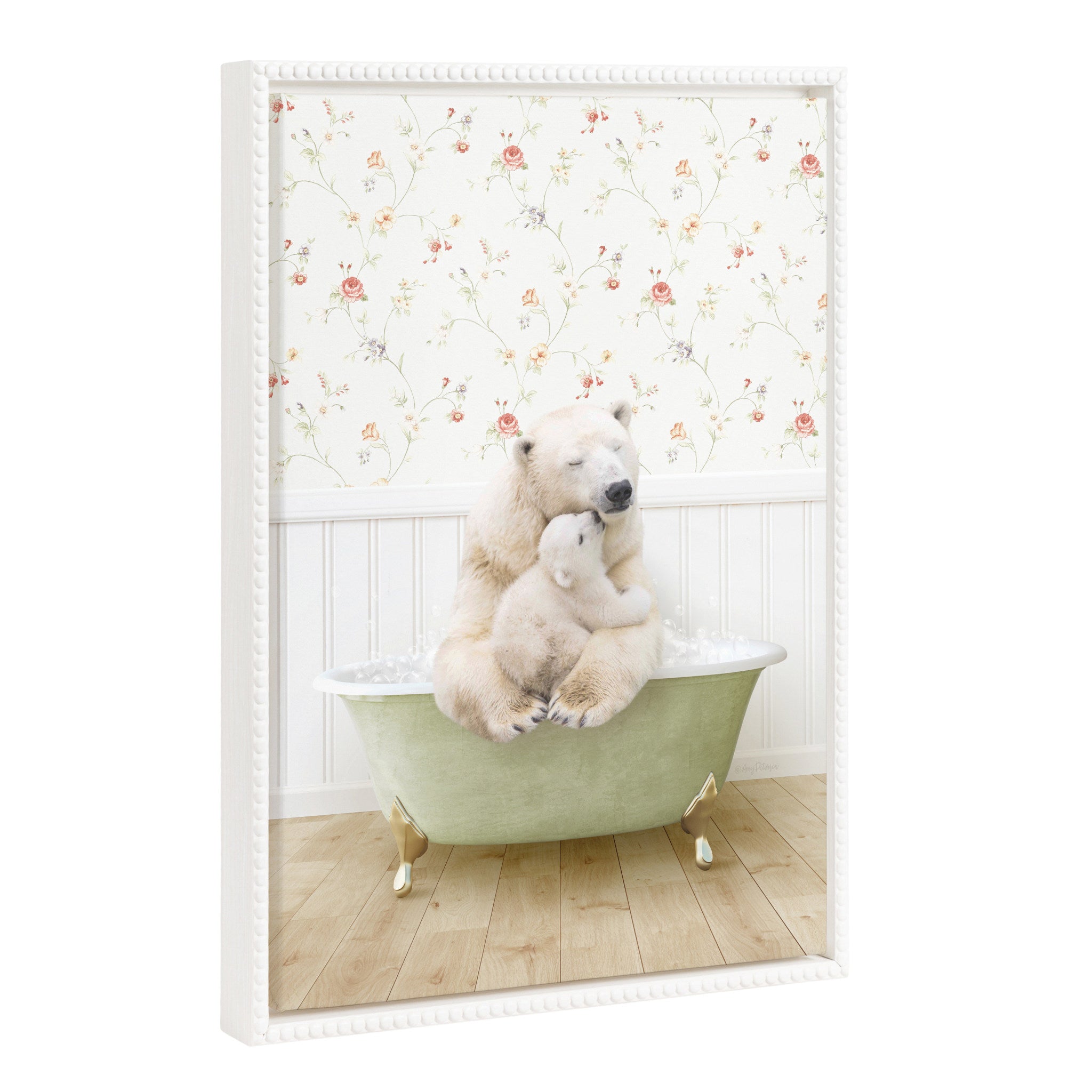 Framed canvas print showing Sylvie Beaded Mother and Baby Polar Bear in Country Cottage Bath by Amy Peterson