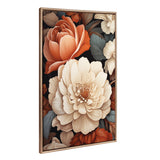 Framed canvas featuring large, detailed ivory and peach flowers with muted blue-green leaves on a dark background, showcasing a romantic floral design.