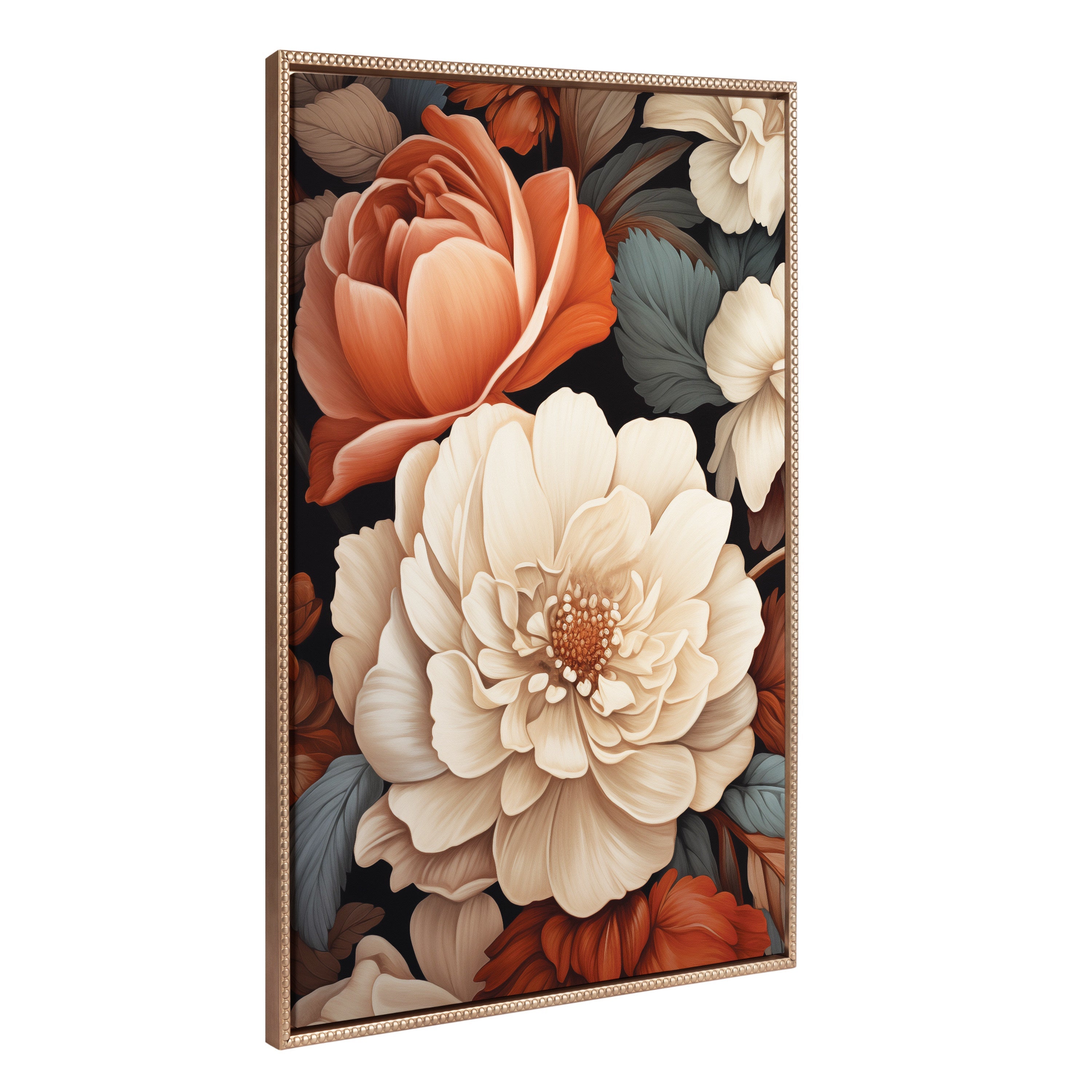 Sylvie Beaded Romantic Ivory and Peach Flora Framed Canvas by The Creative Bunch Studio