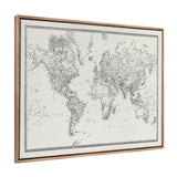 Framed vintage-style world map in black and white, with intricate geographic details and a beaded gold-toned wooden frame, shown at an angled view.