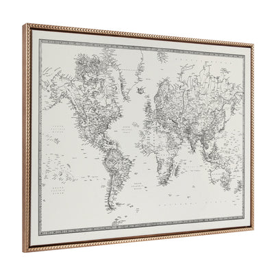 Sylvie Beaded Vintage Black and White World Map Framed Canvas by The Creative Bunch Studio