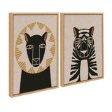 Two framed canvas prints on neutral linen: a stylized black lion with a geometric golden mane, and a black tiger with bold white stripes and golden eyes, both by Hannah Beisang.