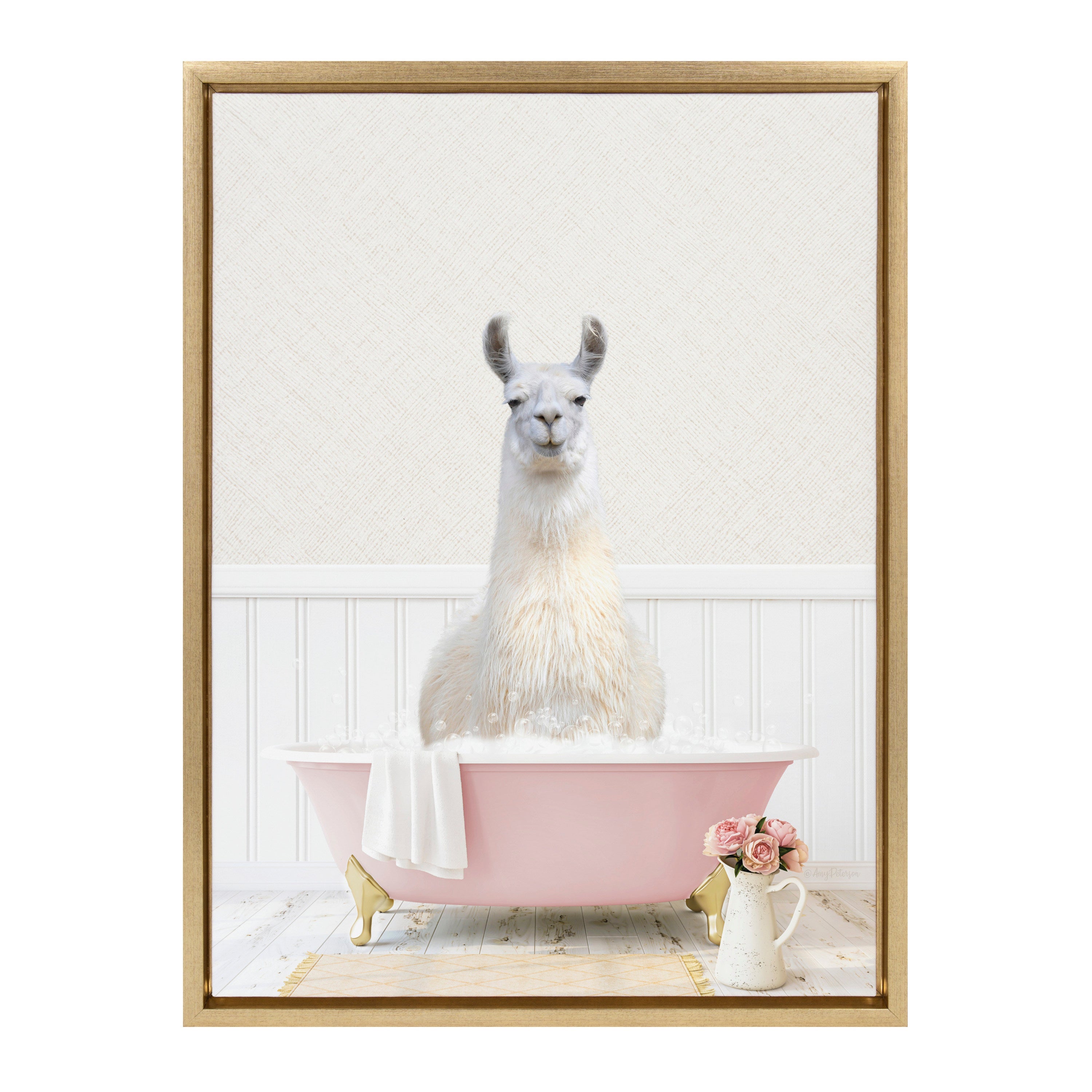 Sylvie Llama in Cottage Rose Bath Framed Canvas by kateandlaurel - product image 2 for Resin Society