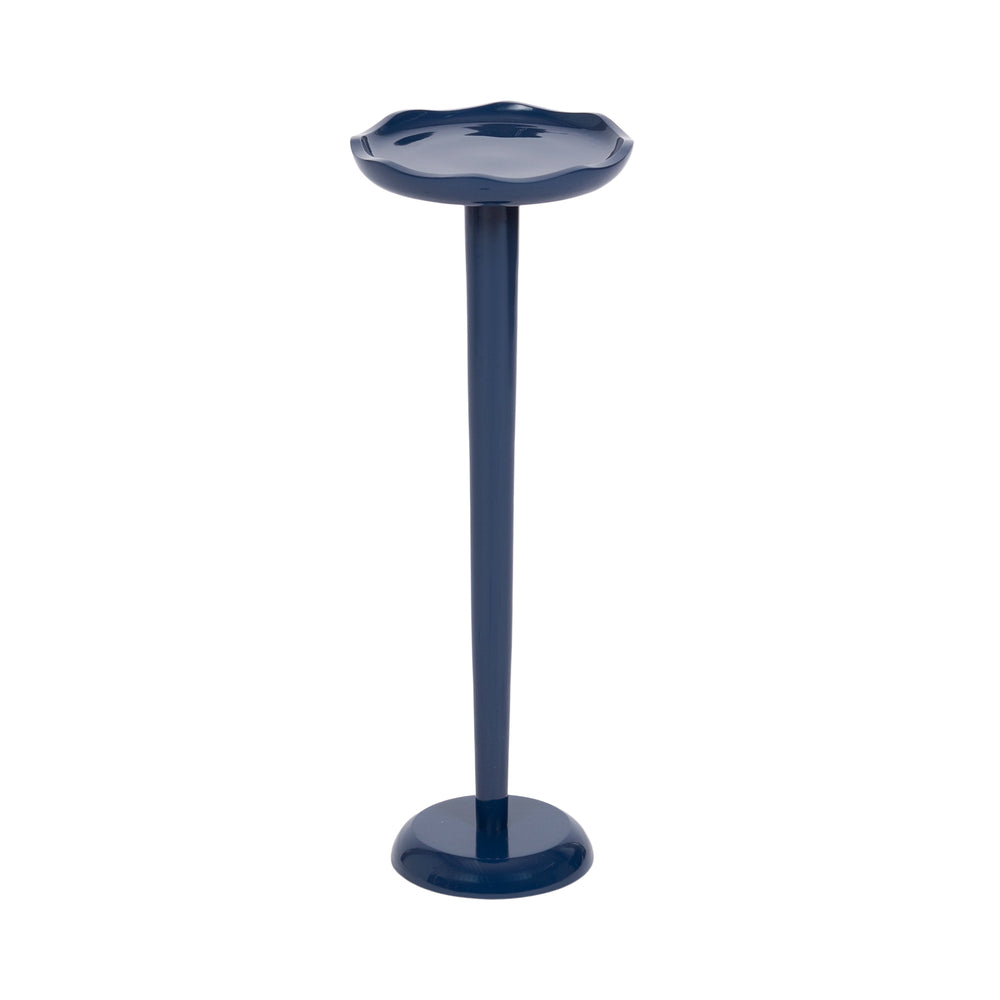 Alessia Colored Drink Table in Pink with scalloped edge tabletop, pedestal base on wood floor