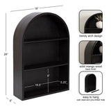 Black mango wood arch wall shelf with three tiers and curved top, measuring 26" tall, 18" wide, and 6" deep, featuring a pre-drilled hole and wall cleat for hanging.