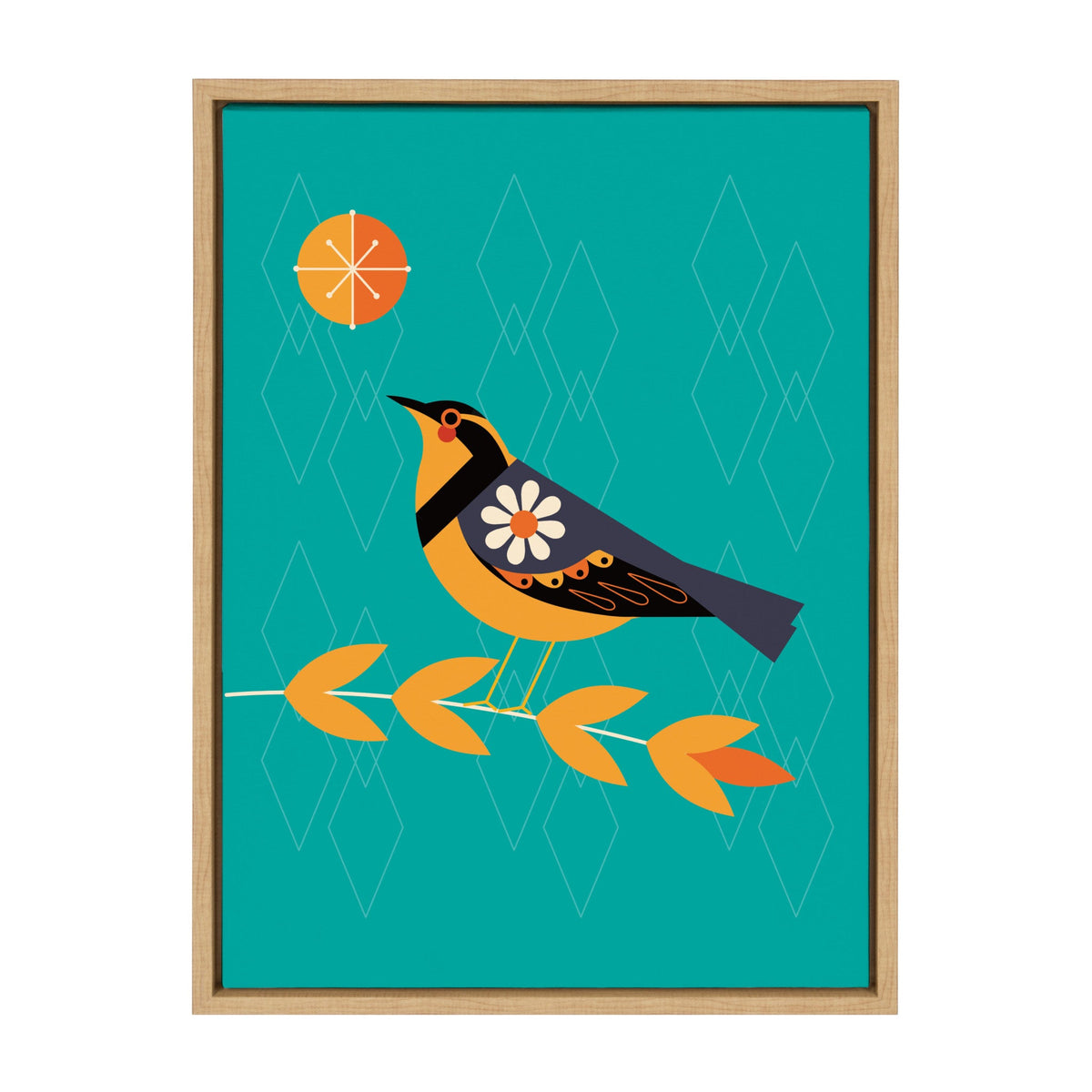 Stylized bird with black and yellow plumage, decorated with white floral patterns, perched on an orange branch against a teal background with geometric diamond shapes and a round orange sun.