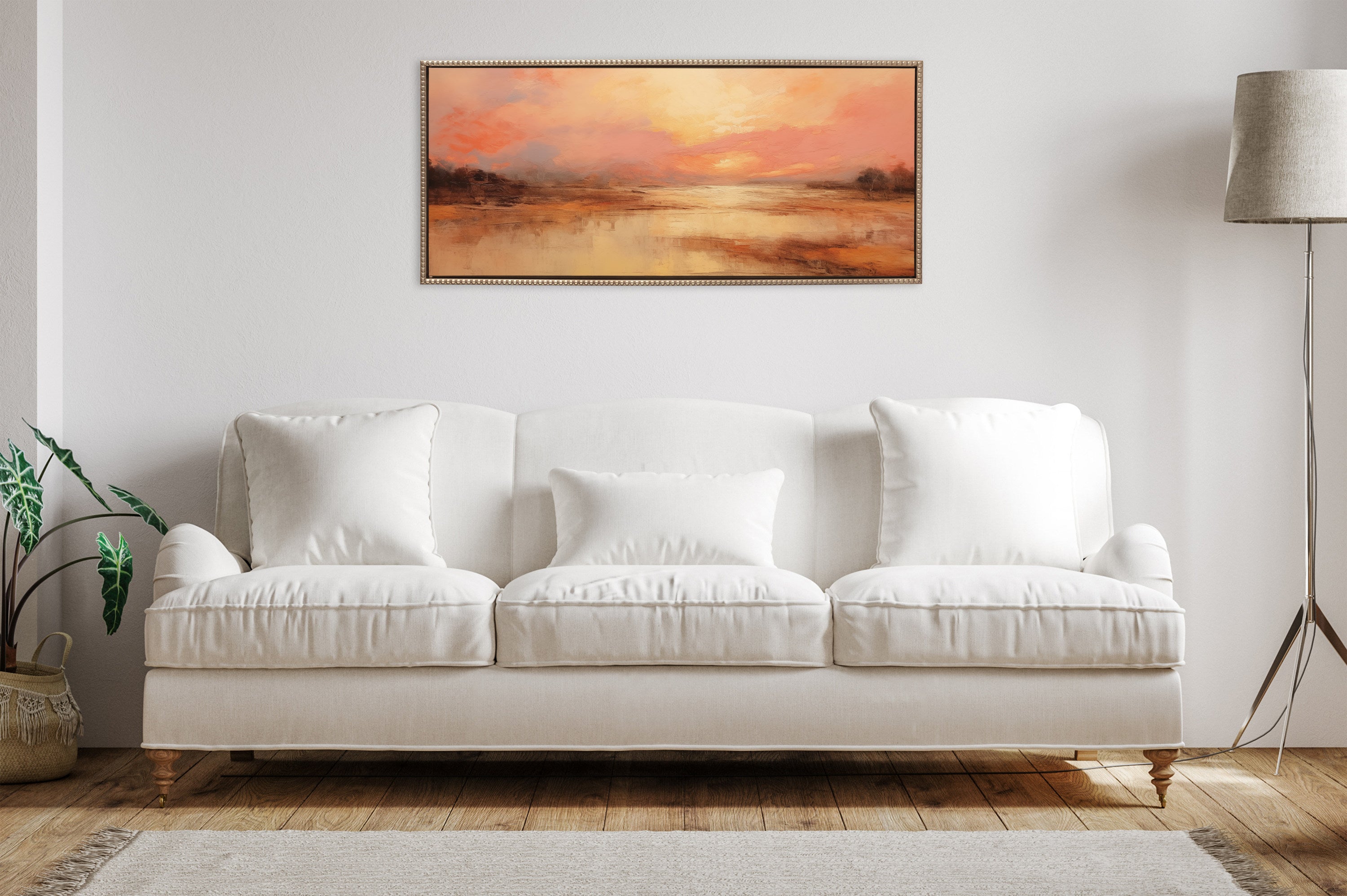 Sylvie Beaded Peach Landscape Framed Canvas by The Creative Bunch Studio