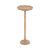 Tall wooden drink table with a scalloped round top and a slender central pedestal base, all in natural light wood tones.