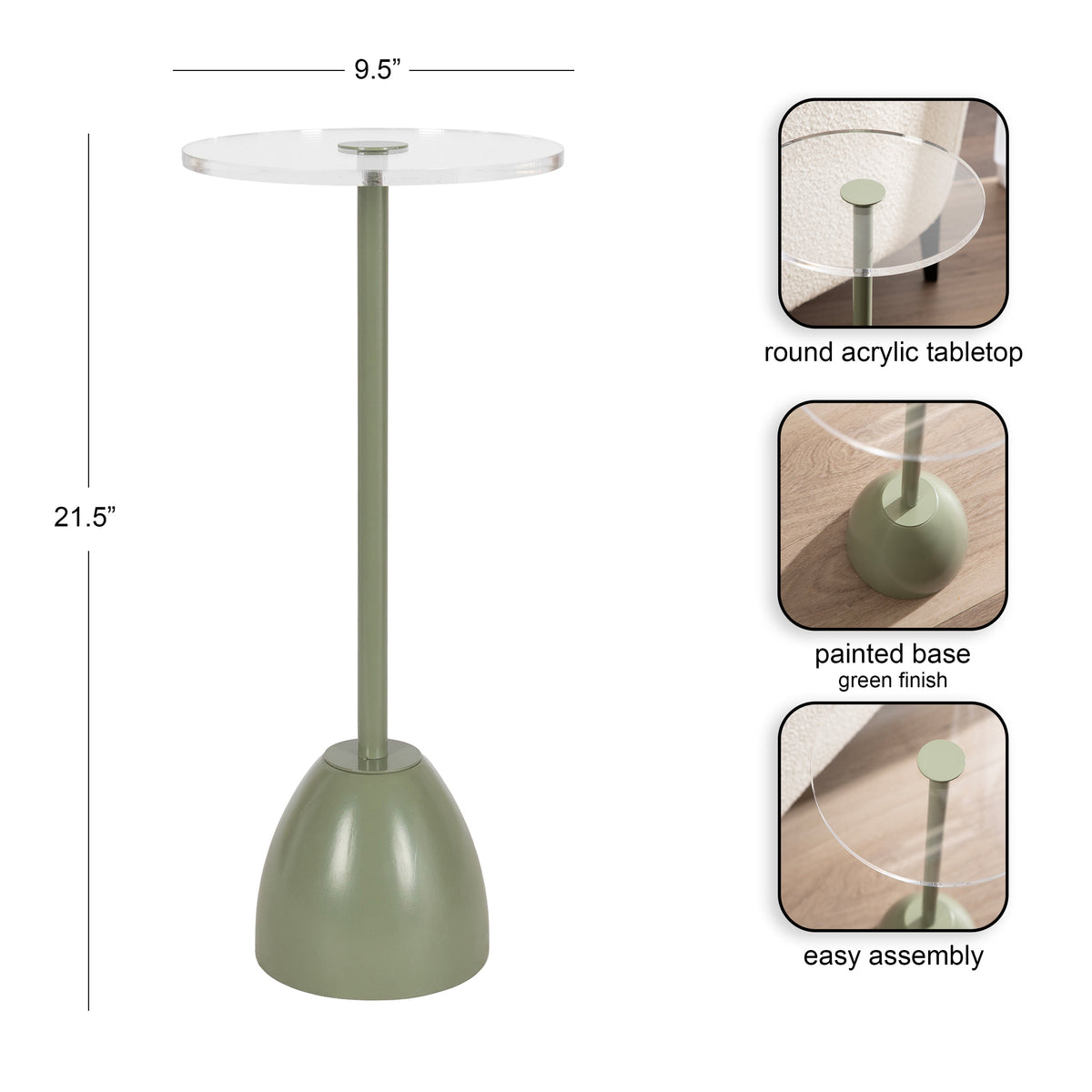 Tall round side table with 9.5-inch clear acrylic top and green painted conical base, standing 21.5 inches high, shown from front with detailed inset views.