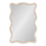 Rectangle mirror with scalloped edges and a beige rattan frame featuring subtle tonal variations and a smooth woven texture