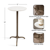 Round white marble tabletop on a 24-inch tall textured brass-finished aluminum pedestal with a tripod leg design, shown with close-ups of base, marble, and legs.