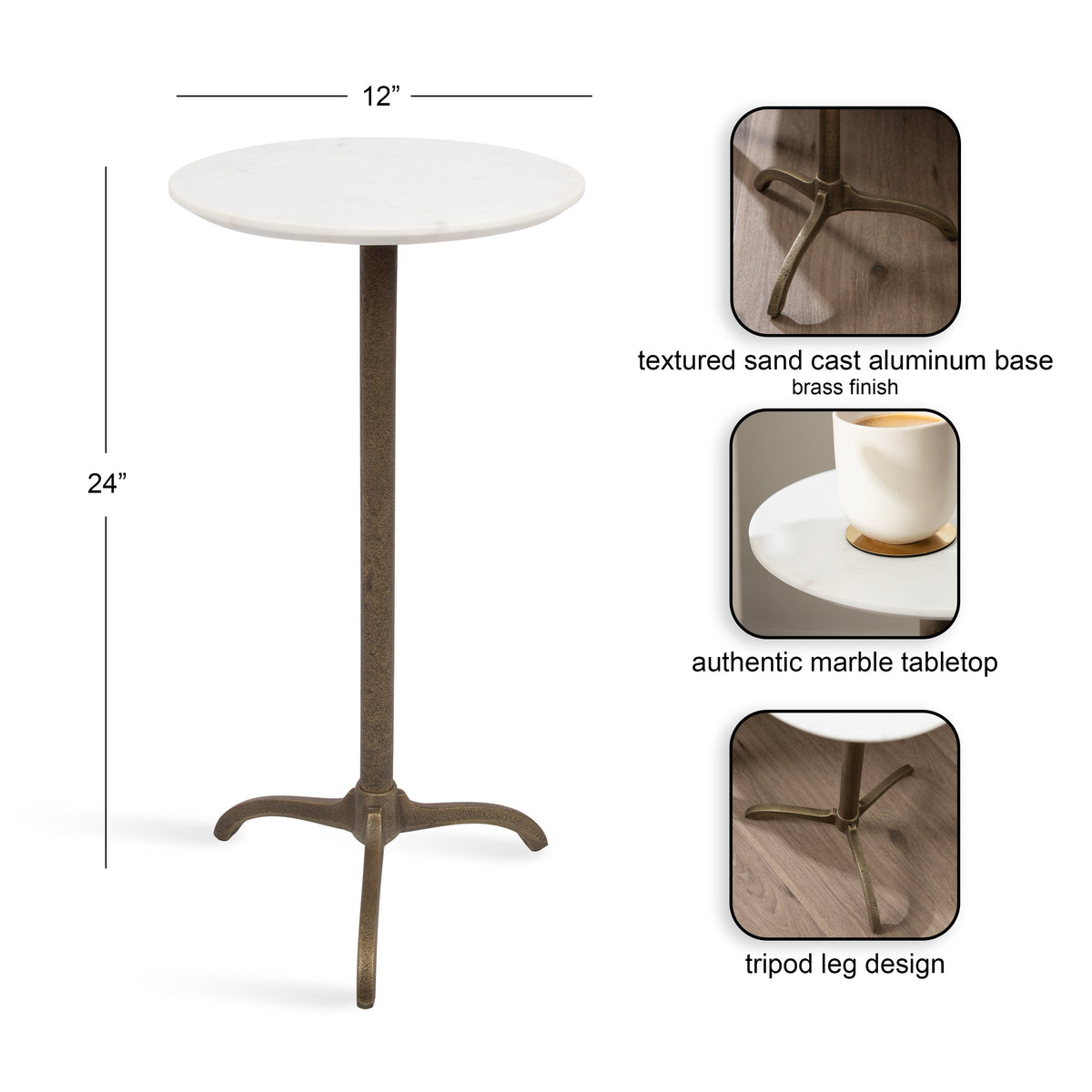 Round white marble tabletop on a 24-inch tall textured brass-finished aluminum pedestal with a tripod leg design, shown with close-ups of base, marble, and legs.