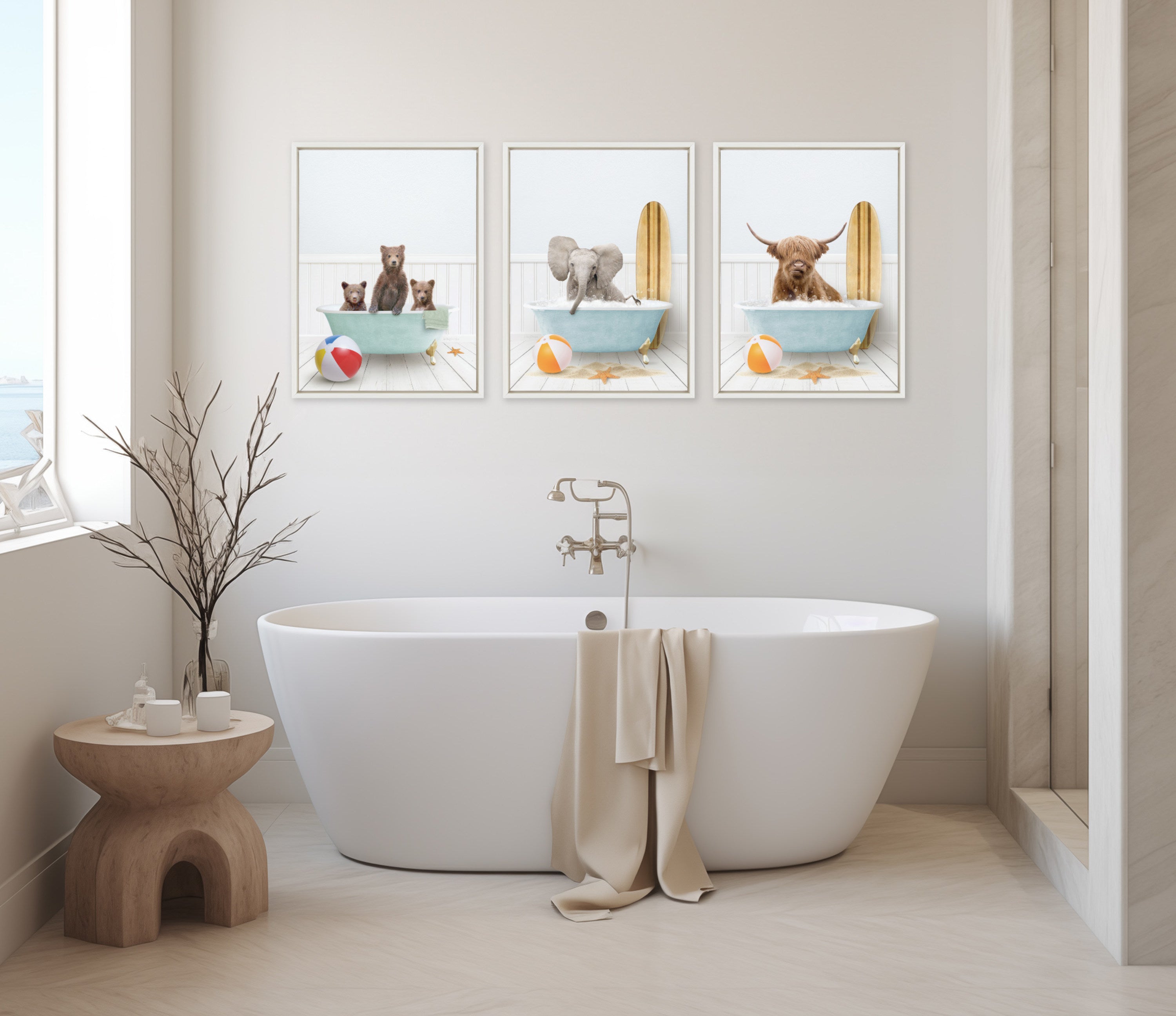 Sylvie Three Bear Cubs In Beach House Bath Framed Canvas by Amy Peterson