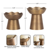 Two polished brass-finish metal candle holders with scalloped edges, one 3.5 inches high and the other 4.5 inches, designed for wax pillar candles.