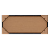 Back of a rectangular framed canvas with brown paper covering and black frame edges, secured by triangular cardboard corner protectors.