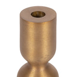 Matte gold-toned metal taper candle holder with a rounded base narrowing to a straight cylinder top with a central candle opening