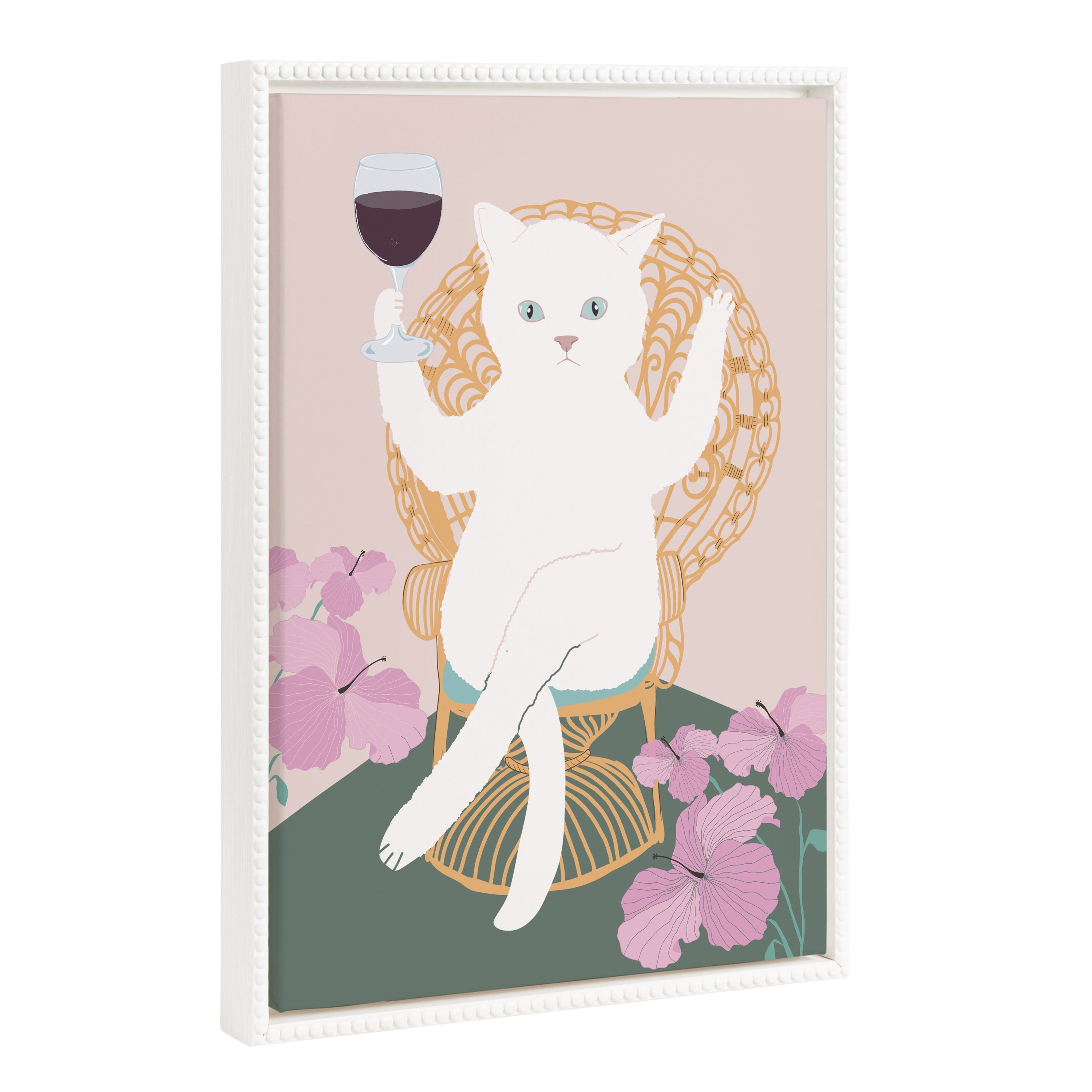 Sylvie Beaded Wine Cat II framed canvas art featuring a whimsical cat with beads on a floating frame