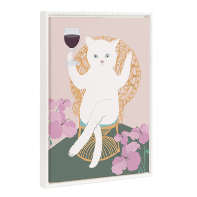 Sylvie Beaded Wine Cat II framed canvas art featuring a whimsical cat with beads on a floating frame