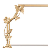 Golden metal corner frame adorned with detailed butterflies, flowers, and leaves curling around straight bars on a white background.
