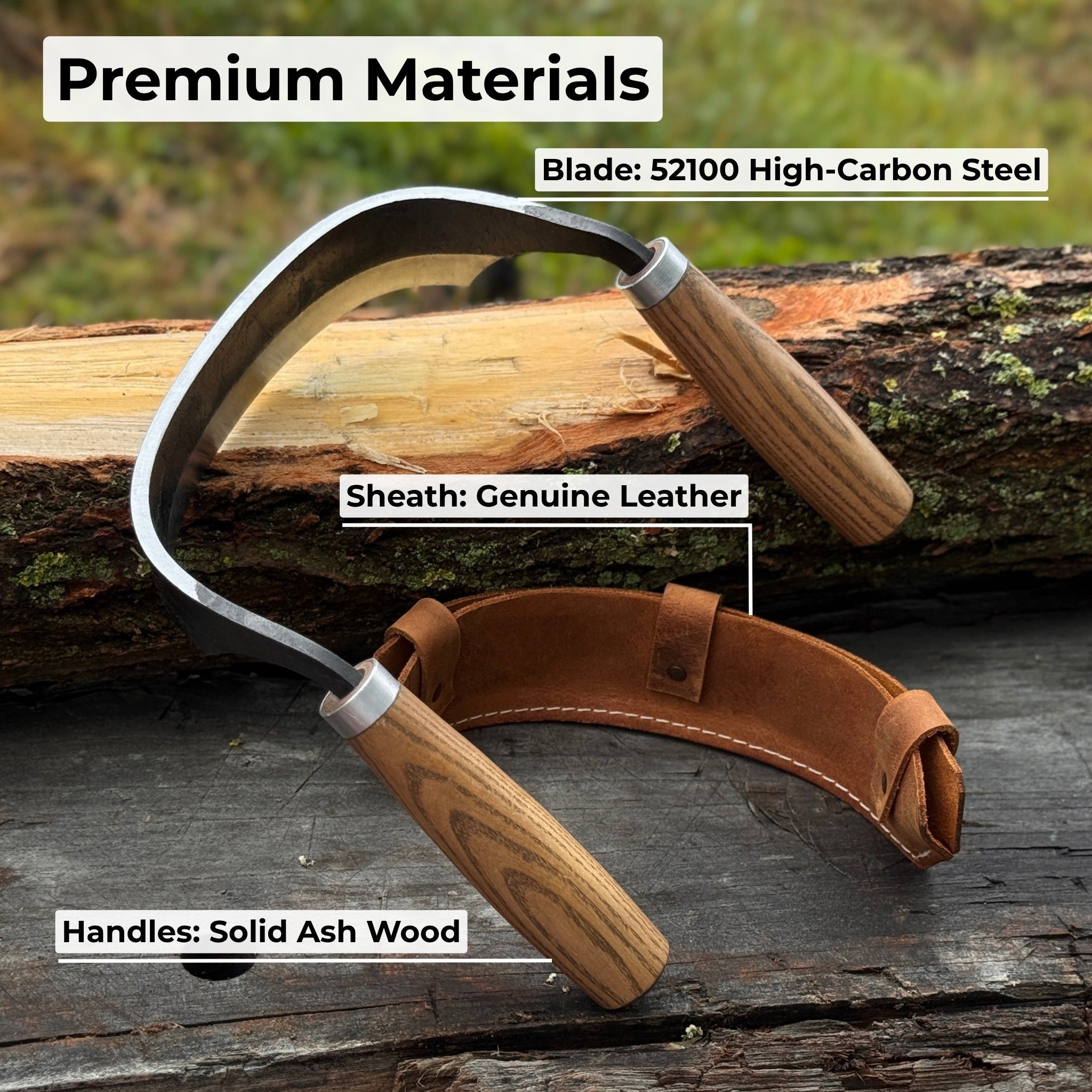 Half-rounded drawknife (inshave) with curved blade and leather sheath