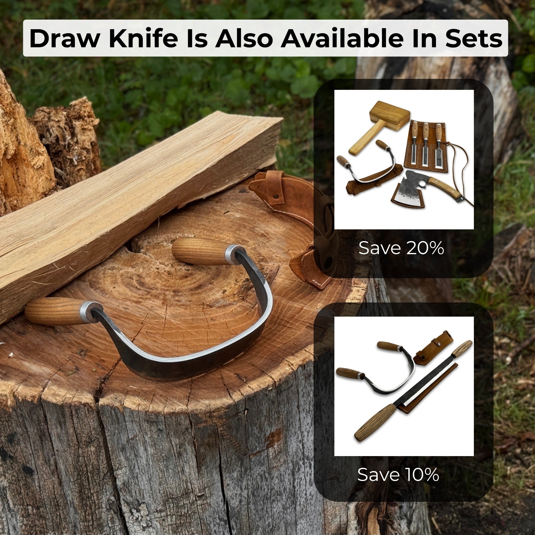 Half-rounded drawknife (inshave) with curved blade and leather sheath