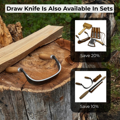 Half-rounded drawknife (inshave) with curved blade and leather sheath