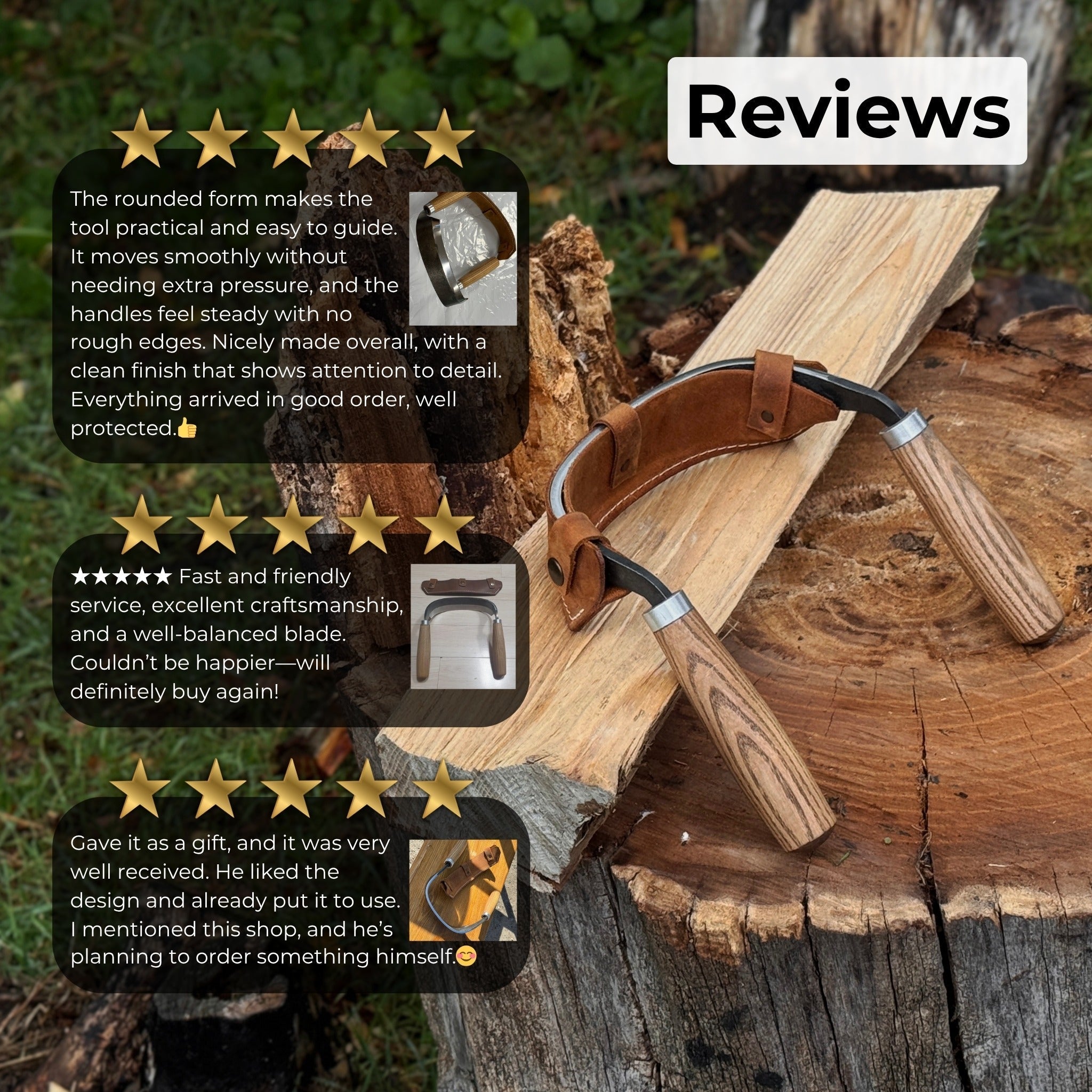 Half-rounded drawknife (inshave) with curved blade and leather sheath