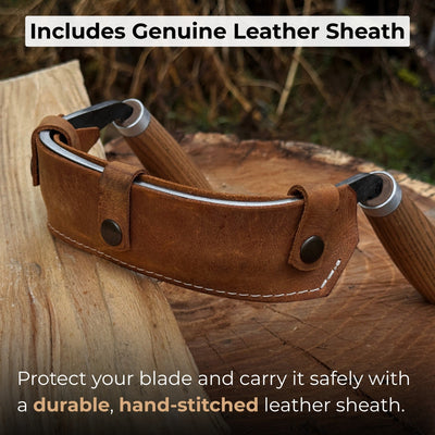 Half-rounded drawknife (inshave) with curved blade and leather sheath