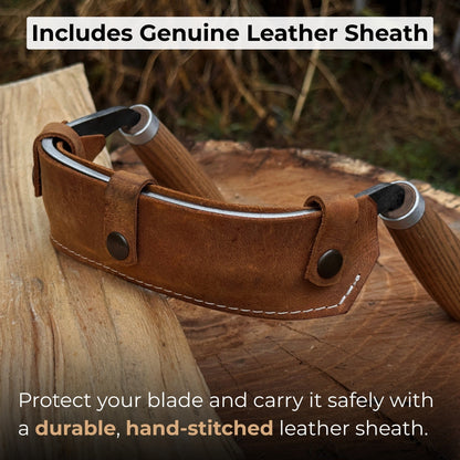 Half-rounded drawknife (inshave) with curved blade and leather sheath