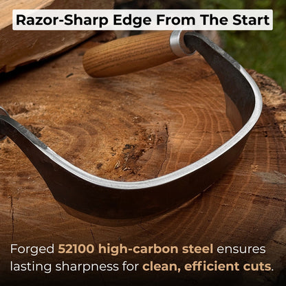 Half-rounded drawknife (inshave) with curved blade and leather sheath
