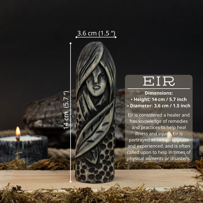 Hand-carved wooden figurine of Eir, Norse goddess of healing, 14 cm tall with black finish