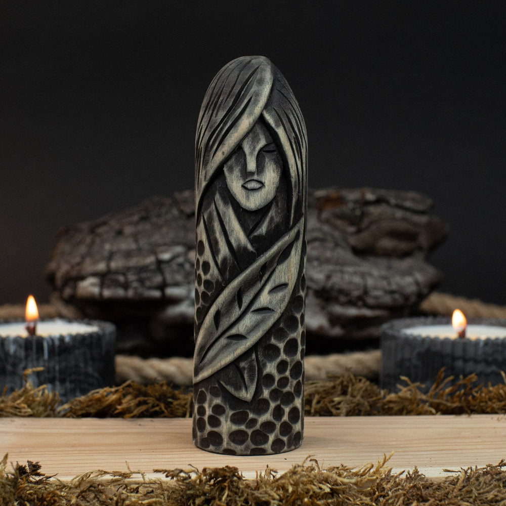 Hand-carved wooden figurine of Eir, Norse goddess of healing, 14 cm tall with black finish