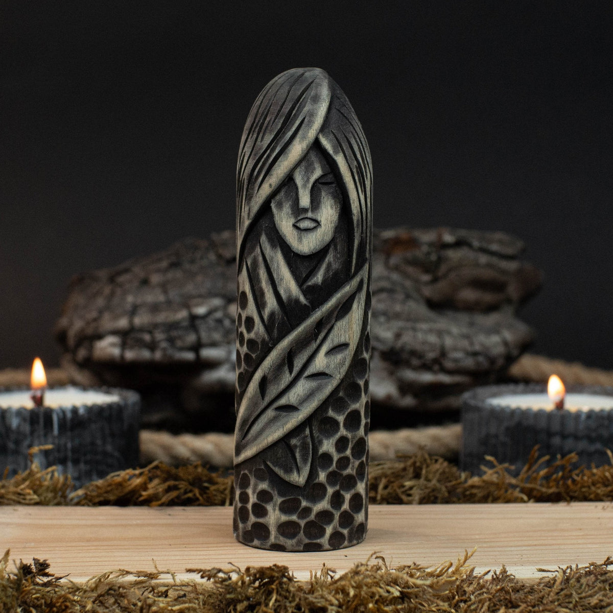 Hand-carved wooden figurine of Eir, Norse goddess of healing, 14 cm tall with black finish