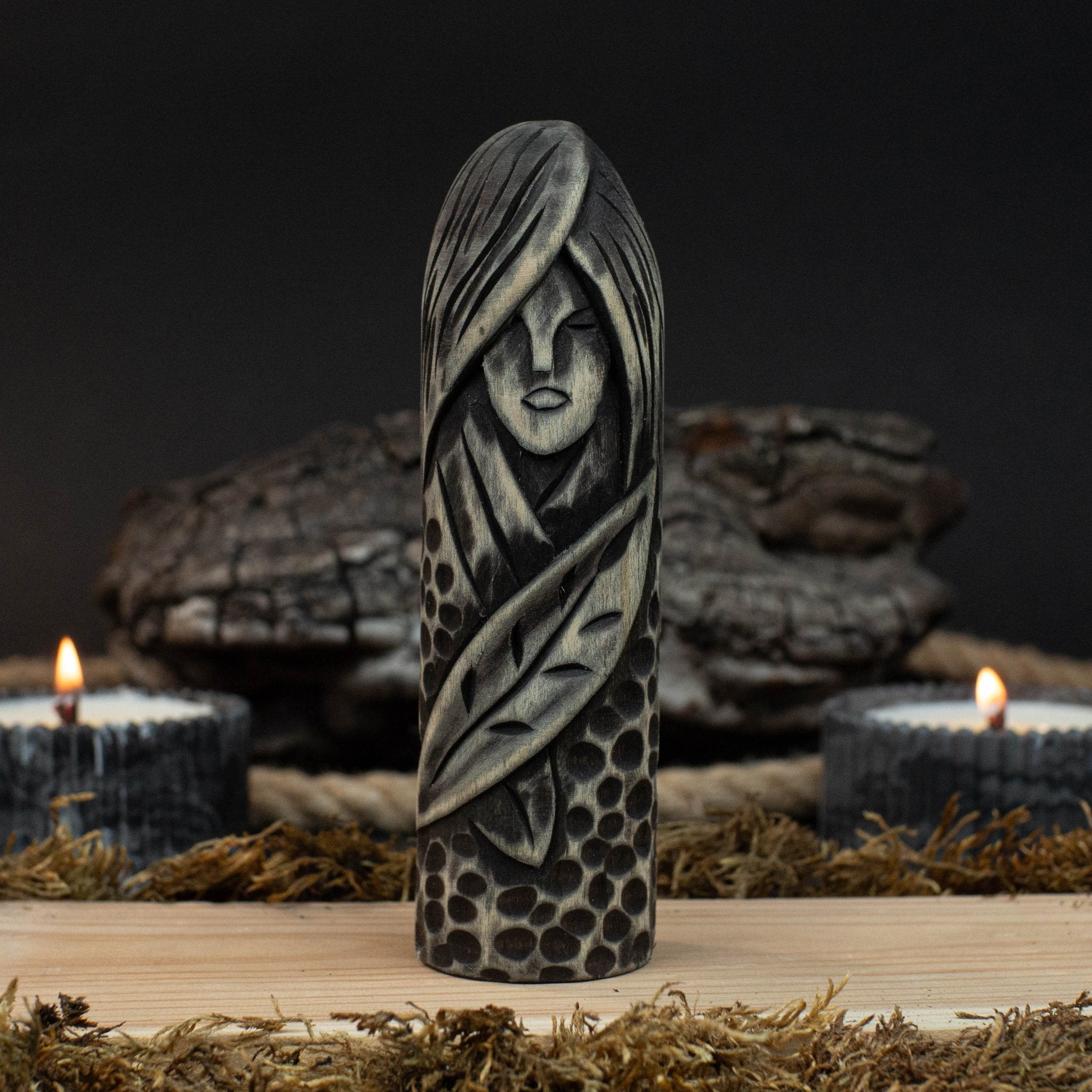 Hand-carved wooden figurine of Eir, Norse goddess of healing, 14 cm tall with black finish