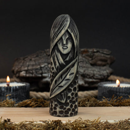 Hand-carved wooden figurine of Eir, Norse goddess of healing, 14 cm tall with black finish