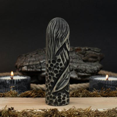 Hand-carved wooden figurine of Eir, Norse goddess of healing, 14 cm tall with black finish