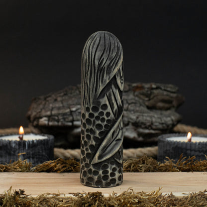 Hand-carved wooden figurine of Eir, Norse goddess of healing, 14 cm tall with black finish