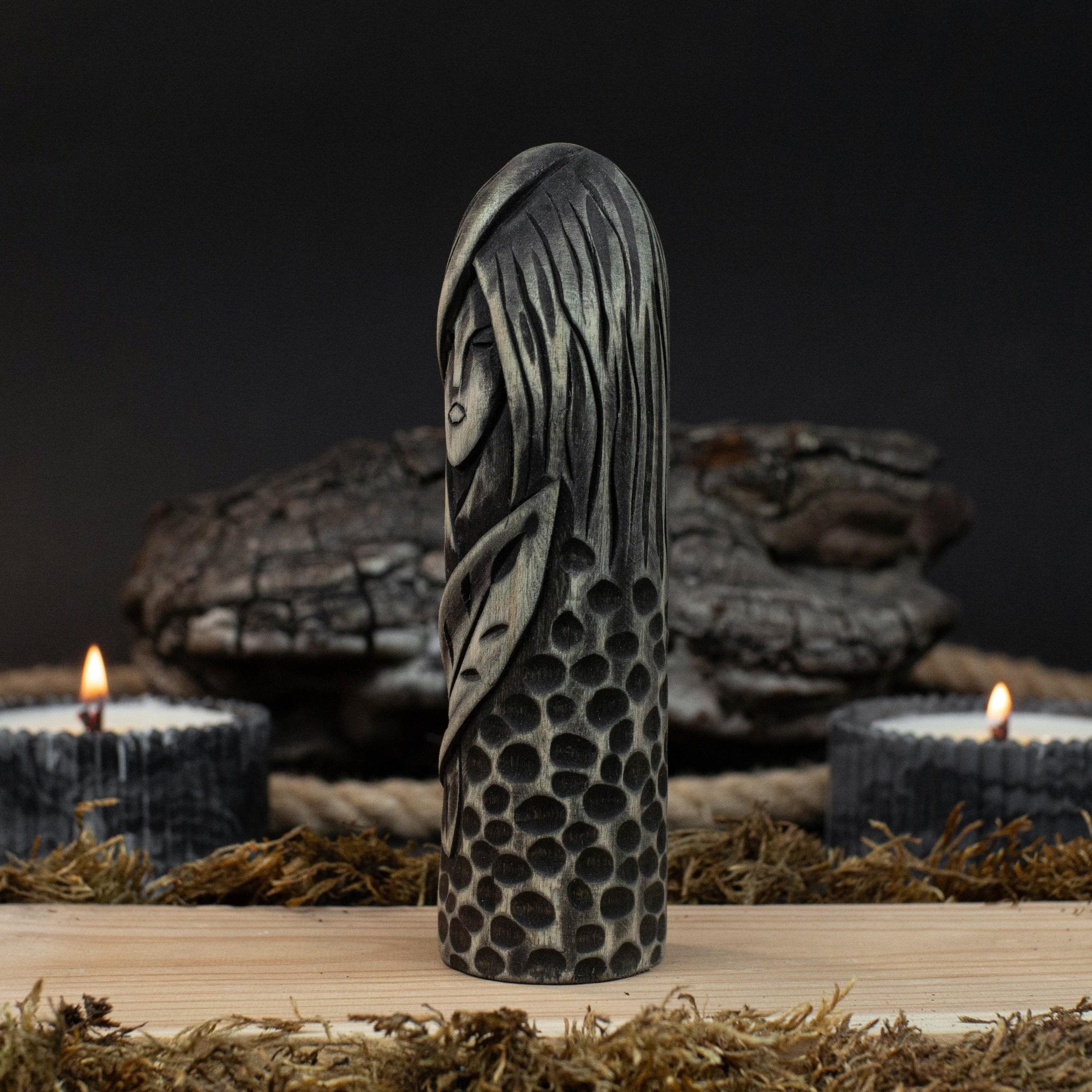 Hand-carved wooden figurine of Eir, Norse goddess of healing, 14 cm tall with black finish