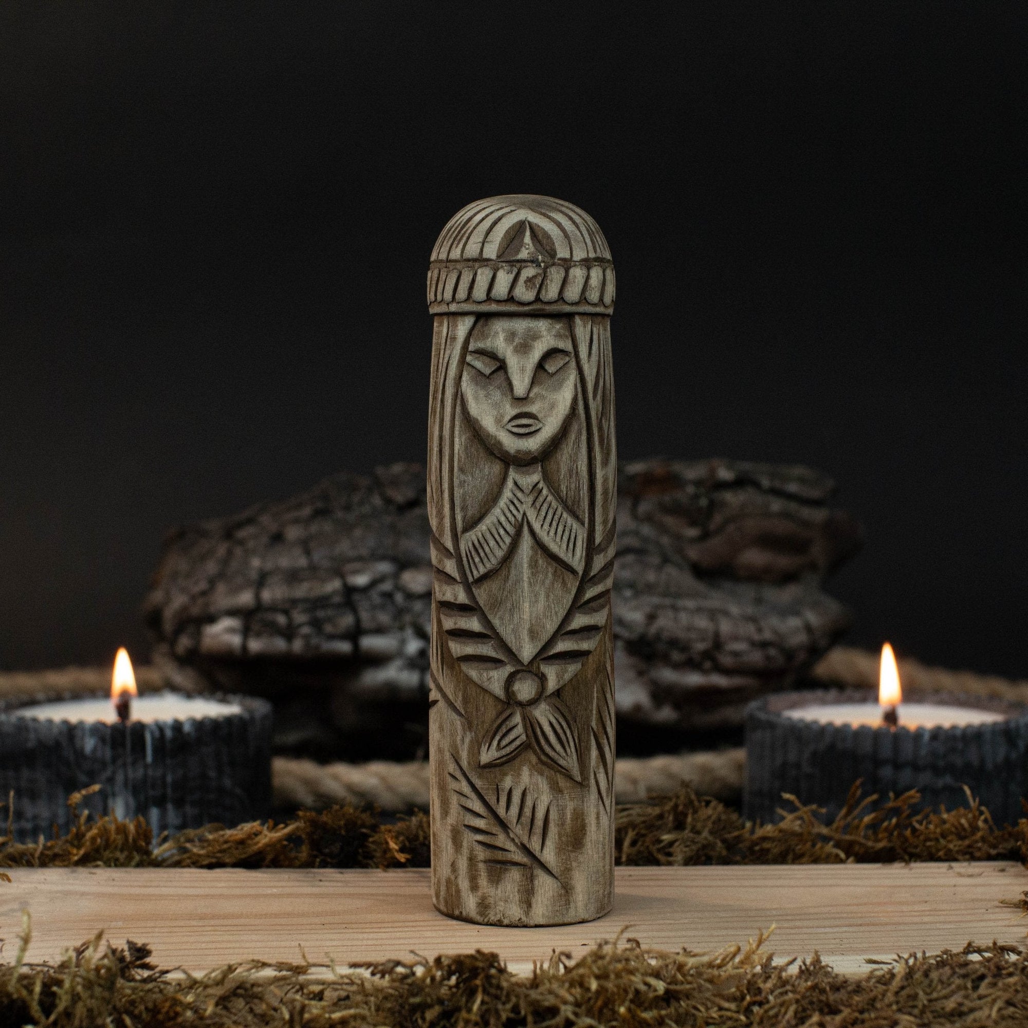 Hand-carved wooden Freyja statue 14 cm tall, Norse goddess altar figurine
