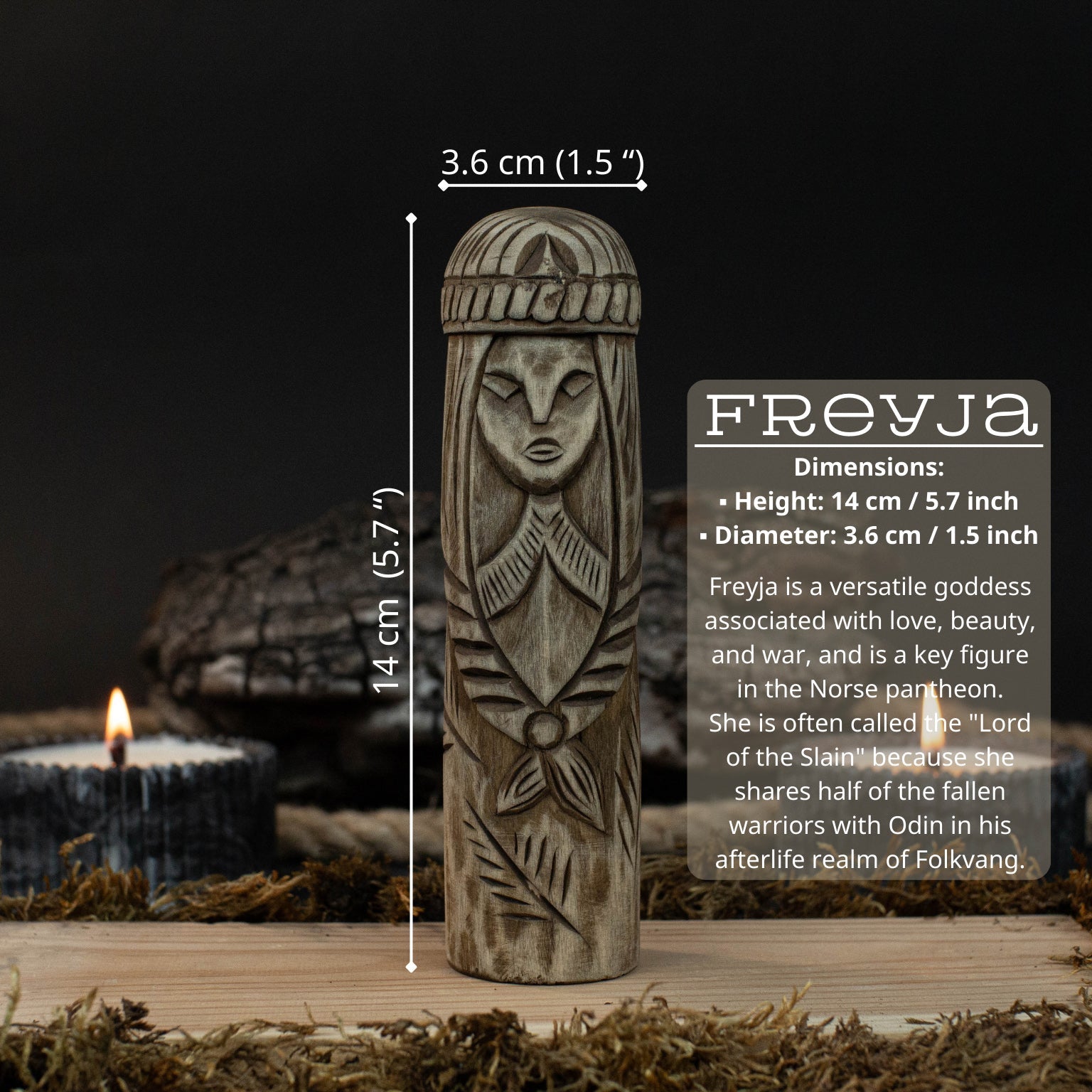 Hand-carved wooden Freyja statue 14 cm tall, Norse goddess altar figurine